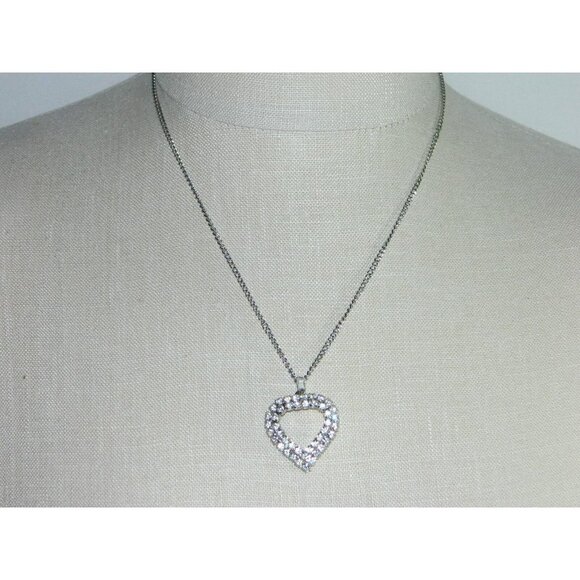 VTG Silver Tone Clear Rhinestone Heart Pendant Necklace 18.75" - Picture 2 of 4